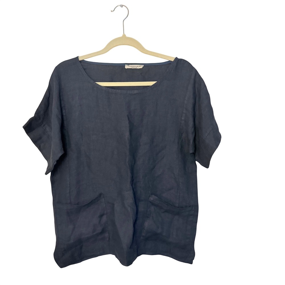 Francesca Bettini Women's 100% Linen Made In Italy Navy Top Blouse Casual SZ L